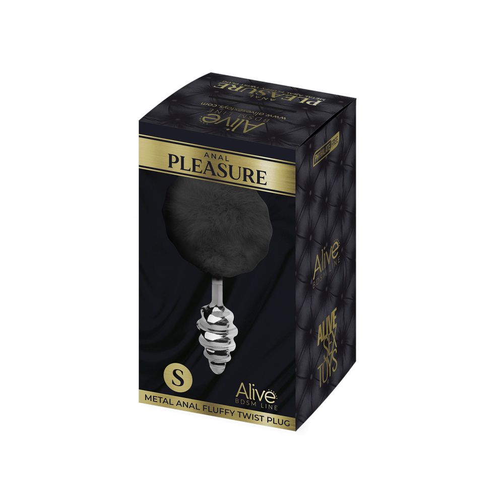 Серебристая анальная пробка с черным хвостиком Metal Anal Fluffly Twist Plug S