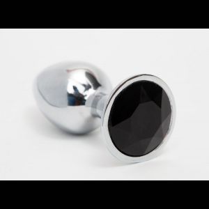 Серебристая анальная пробка с черным кристаллом - 8,2 см. 