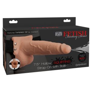 Телесный полый страпон с имитацией эякуляции 7.5  Hollow Squirting Strap-On with Balls - 21,6 см.