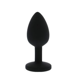 Черная гладкая анальная пробка с розовым кристаллом Silicone Diamond Plug - 7 см.