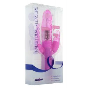 Розовый вибратор RABBIT DUAL PLEASURE с клиторальным и анальным стимуляторами - 22 см.