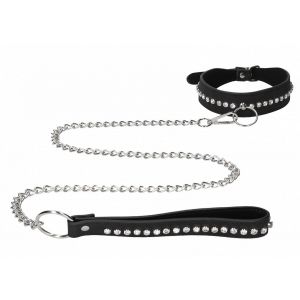 Черный ошейник с поводком Diamond Studded Collar With Leash