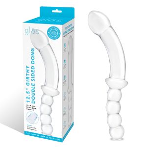 Стеклянный двусторонний фаллоимитатор 12,5’’ Girthy Double Sided Dong With Anal Bead Grip Handle - 32 см.