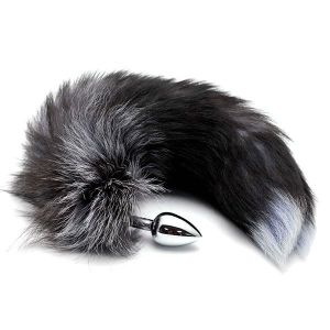 Серебристая анальная пробка с темным лисьим хвостом Black & White Fox Tail Size S