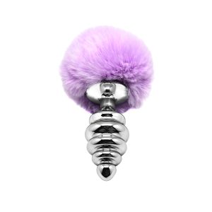 Серебристая анальная пробка с сиреневым мехом Metal Anal Fluffly Twist Plug L