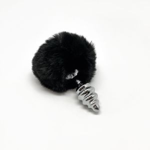 Серебристая анальная пробка с черным хвостиком Metal Anal Fluffly Twist Plug S