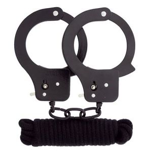 Чёрные наручники из листового металла в комплекте с веревкой BONDX METAL CUFFS&LOVE ROPE SET