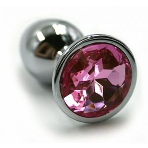 Серебристая алюминиевая анальная пробка с светло-розовым кристаллом - 7 см.