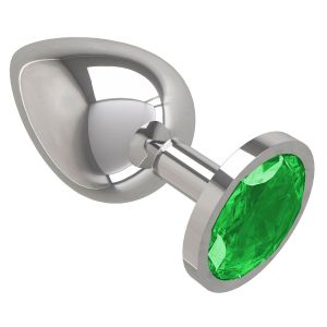 Серебристая большая анальная пробка с зеленым кристаллом - 9,5 см.