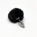 Серебристая анальная пробка с черным хвостиком Metal Anal Fluffly Twist Plug S